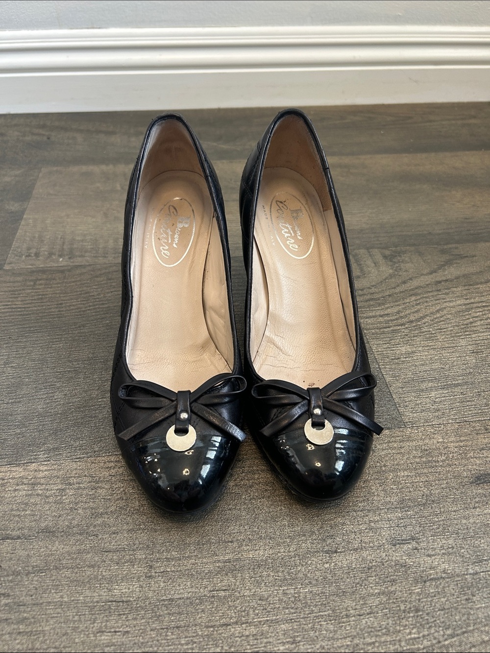 Browns Courture Quilted leather Black Patent Toe Bow Pumps